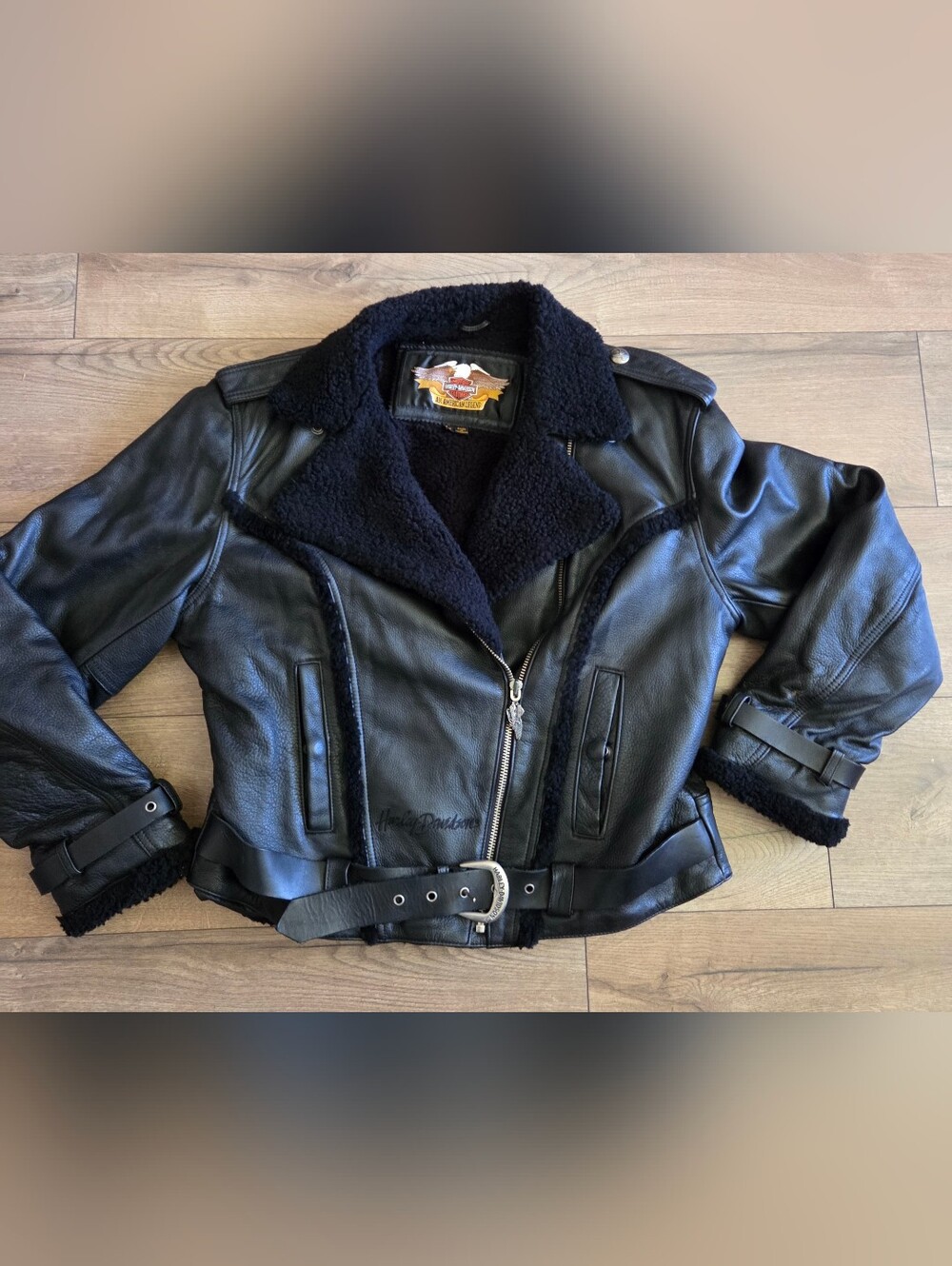 Harley-Davidson Black Leather Shearling-Trim Biker Jacket